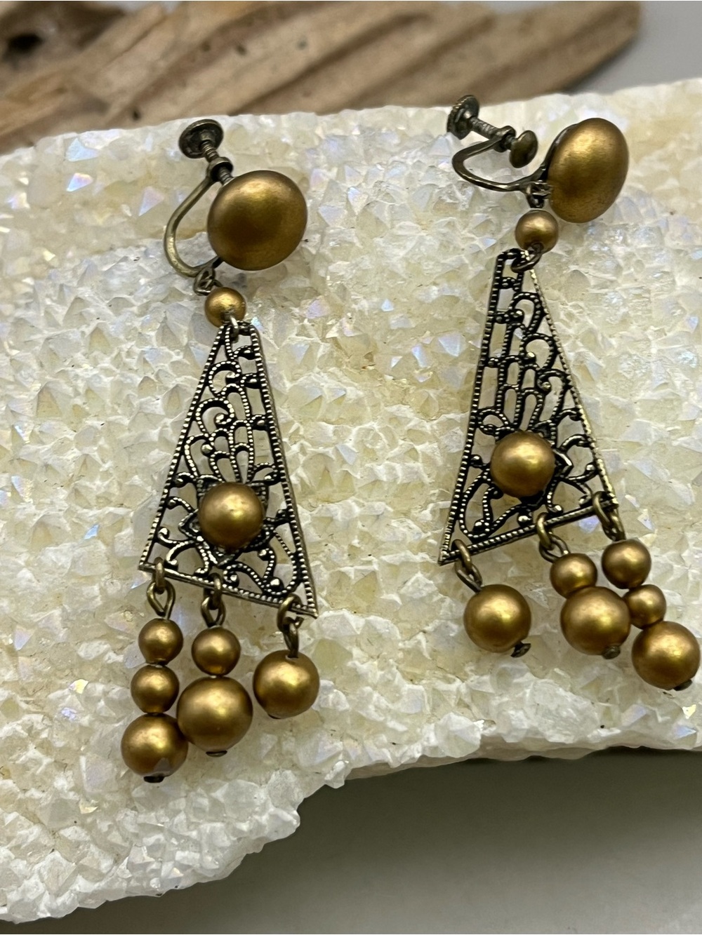 Vintage 1950s Antique Gold Filigree Triangle Chandelier Screw Back Clip On